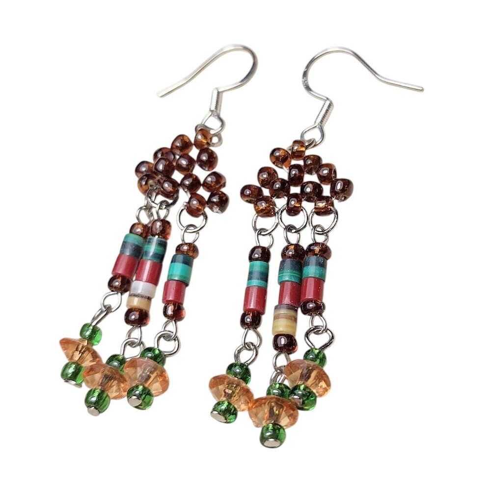 Southwestern Sterling Silver Heishi Shell Malachite Coral Glass Dangle Earrings